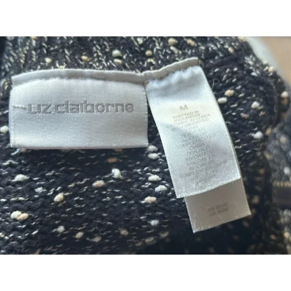 Vtg Liz Claiborne Black White Marled Knit Full Zip Sweater Mock Women Medium - Picture 9 of 10